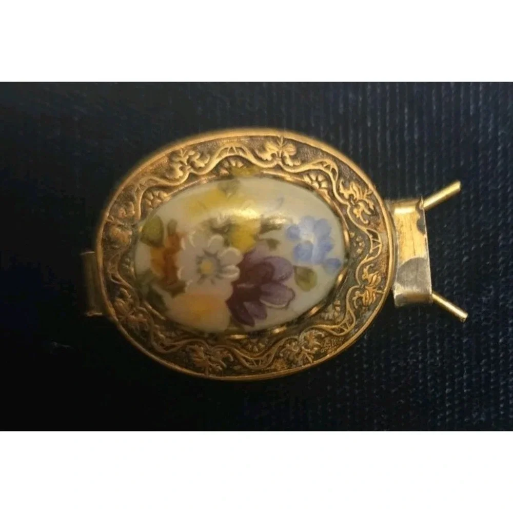 Pair Vintage Floral Porcelain Hair Clips Colorful Flowers Oval Goldtone Setting